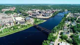Drone footage of the Chippewa River on a clear day.